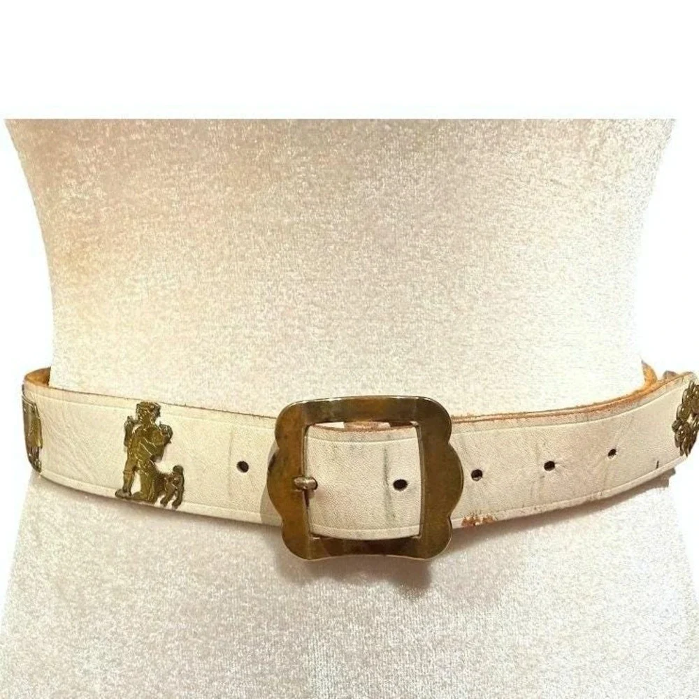 Vintage White‎ Leather Belt Brass Cow Herder Swiss Folk Art Cottagecore 33 Inch